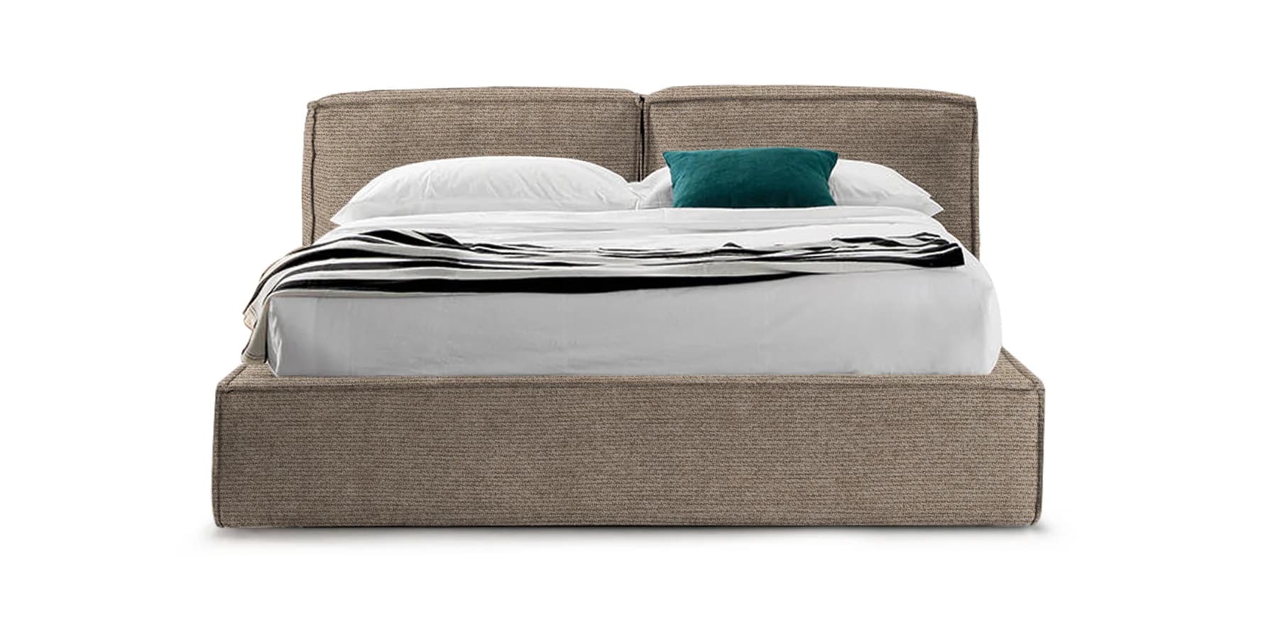 A low taupe upholstered bed with a soft wrapped headboard