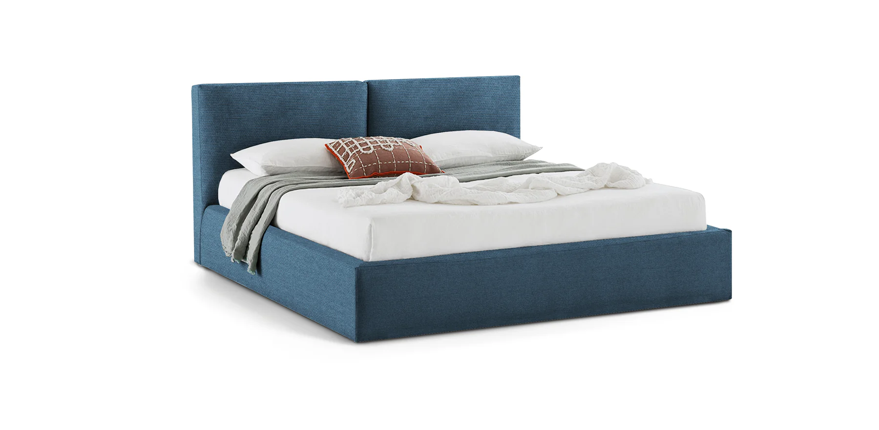 Comfort upholstered bed in blue fabric with split cushioned headboard