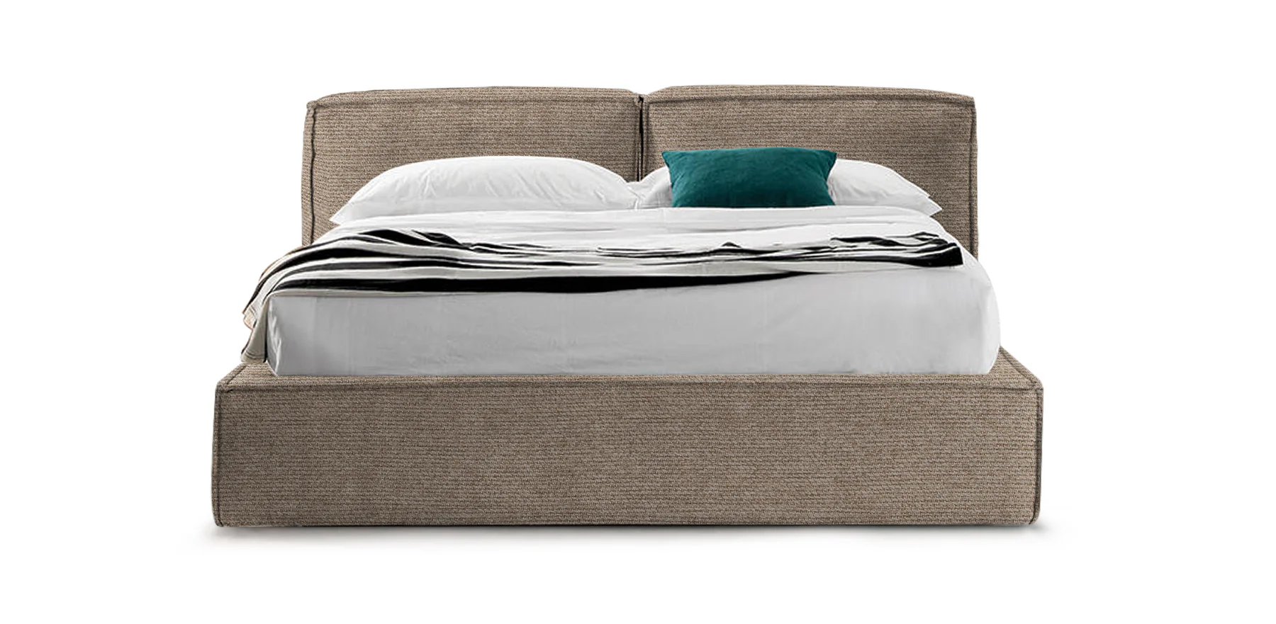 A low taupe upholstered bed with a soft wrapped headboard