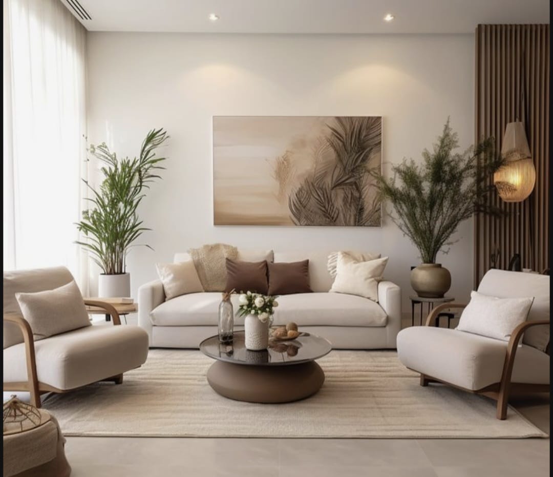 A bright, airy living room with cream sofas, armchairs and greenery delivered to a Sahel home