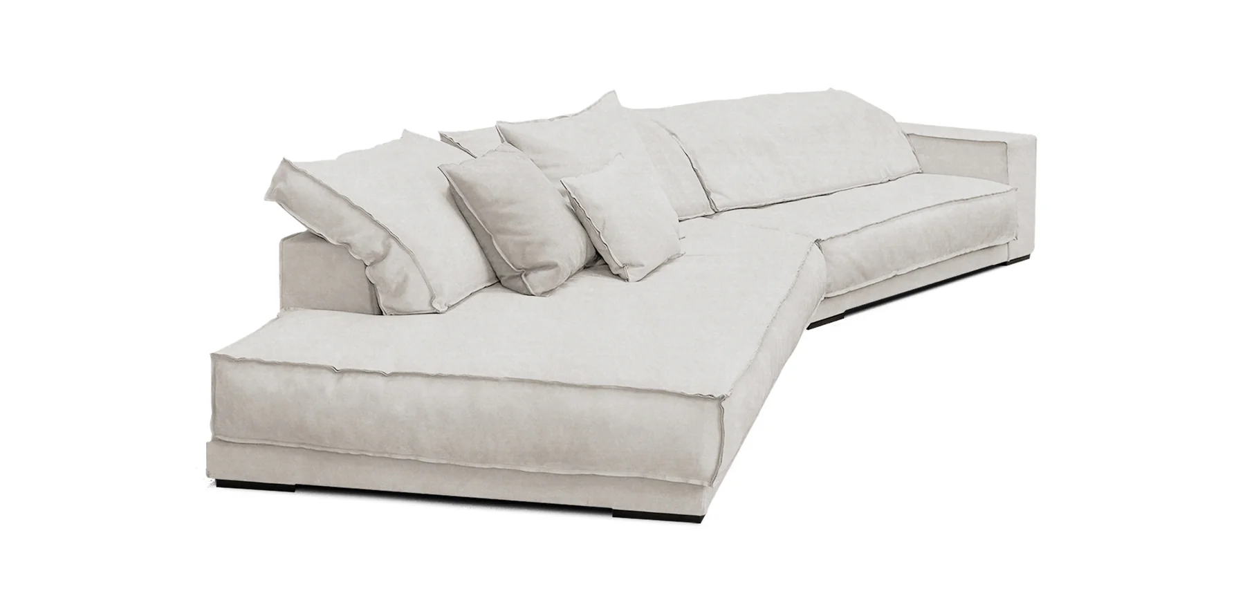 A soft, angled modular sectional in off-white linen