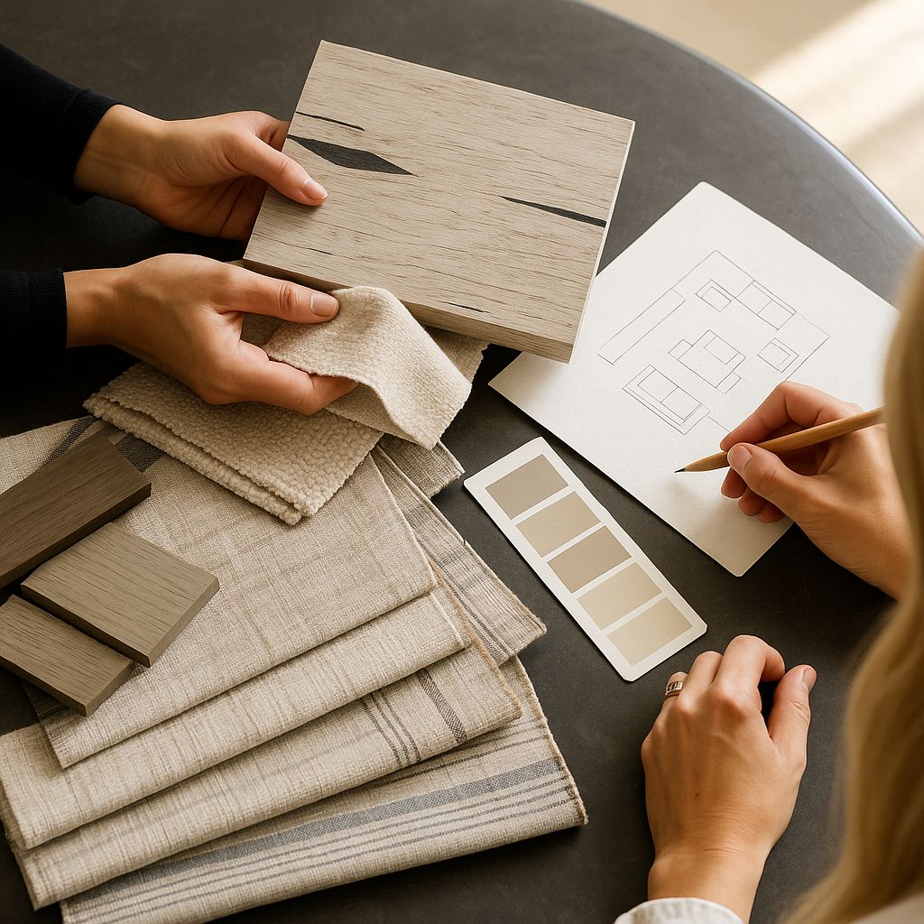 Hands comparing wood and fabric samples against a layout sketch