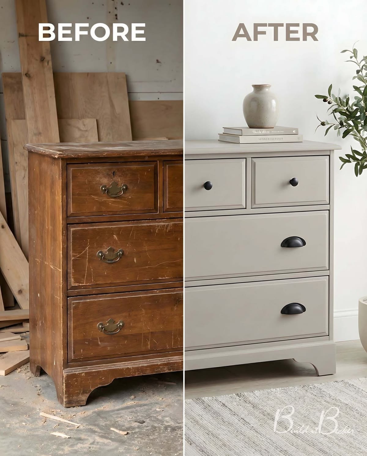Before and after of a tired wooden dresser restored and refinished