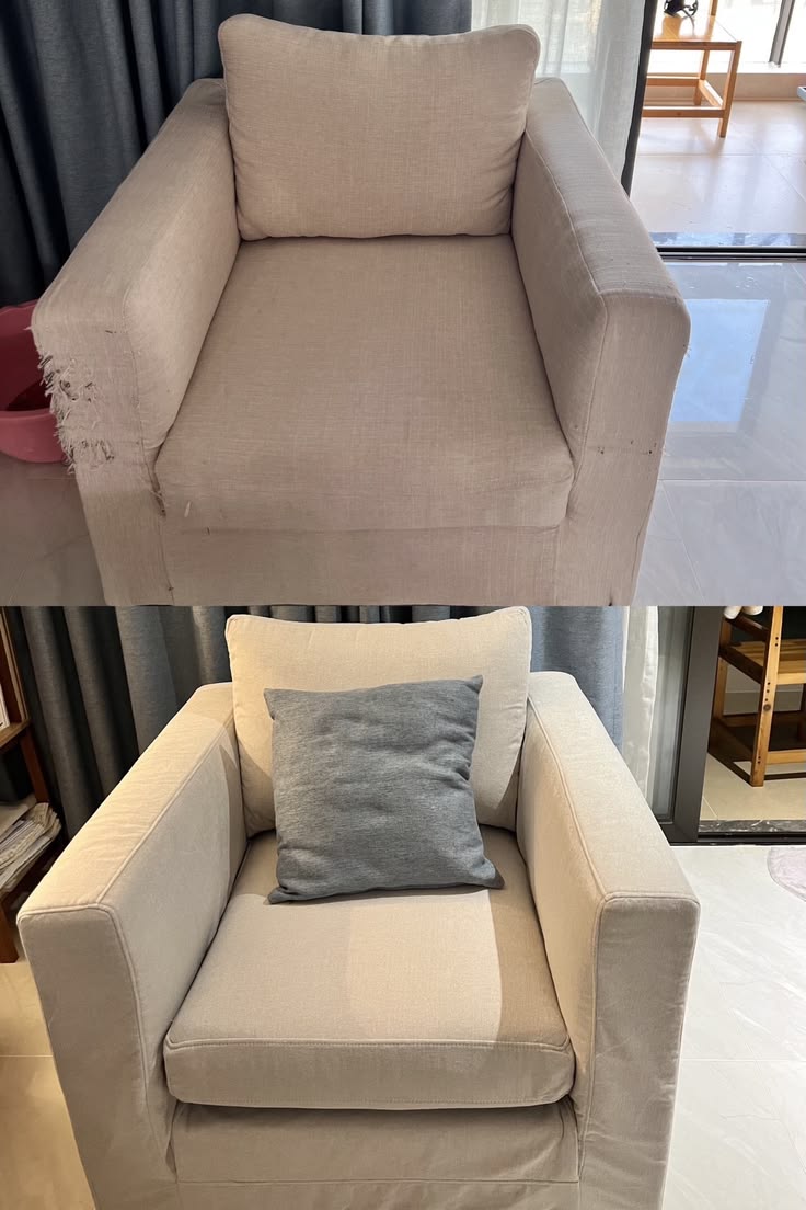 Before and after of a worn armchair reupholstered like new