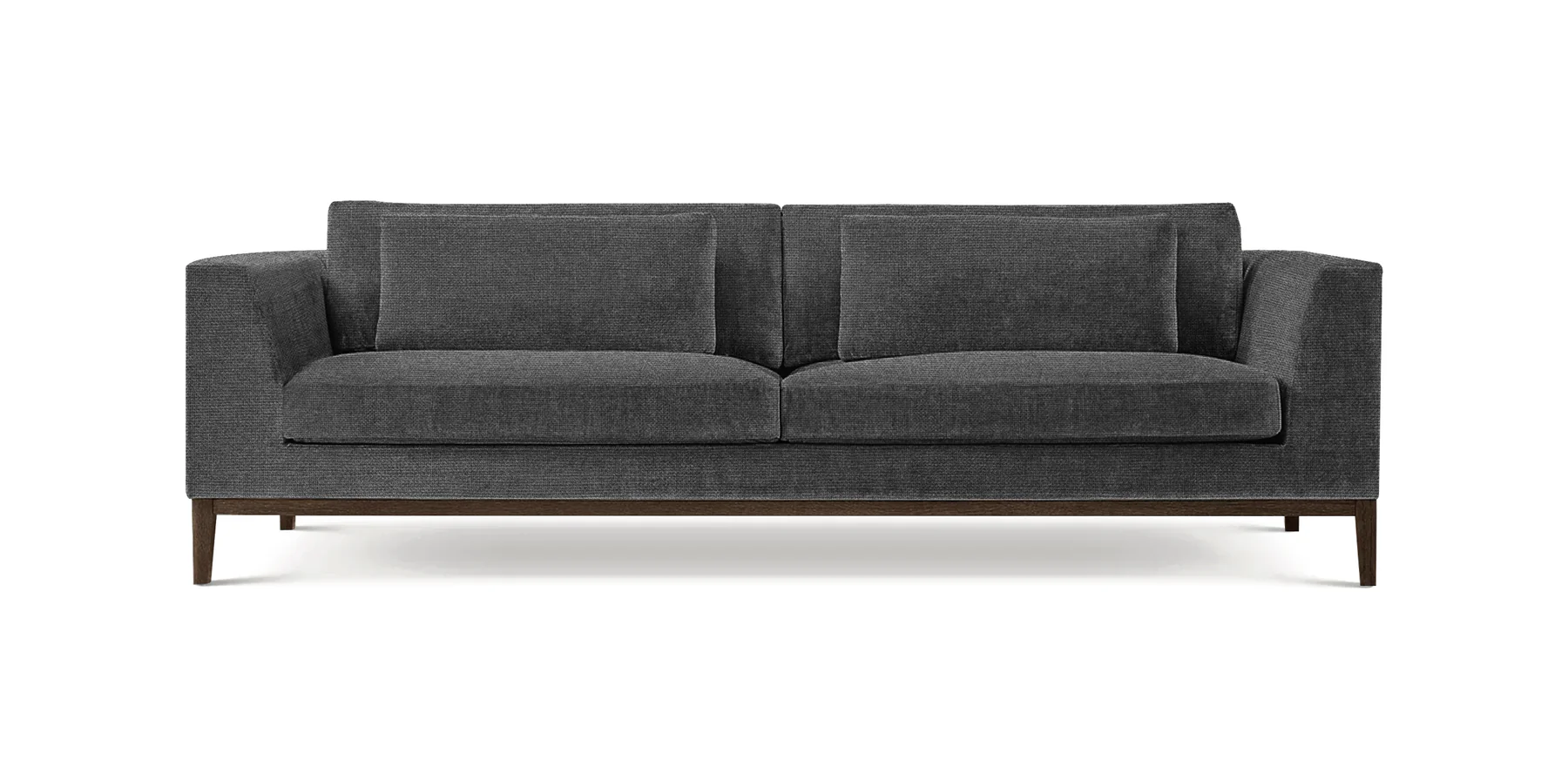 Skyline three-seater sofa in charcoal on a walnut base, front view