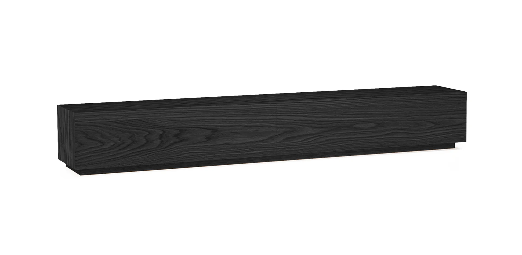 A long, low media console in black oak