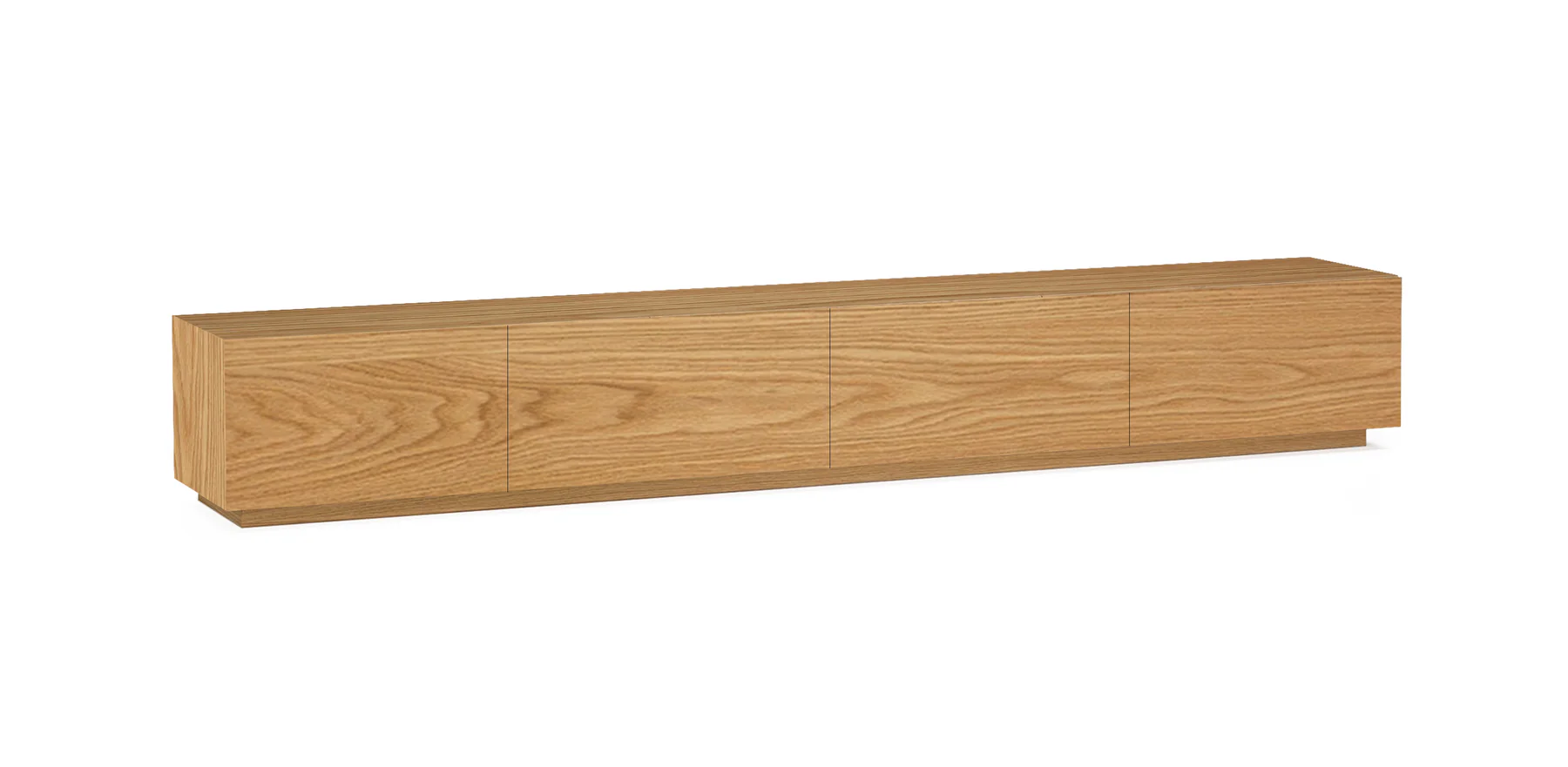 A long, low media console in natural oak